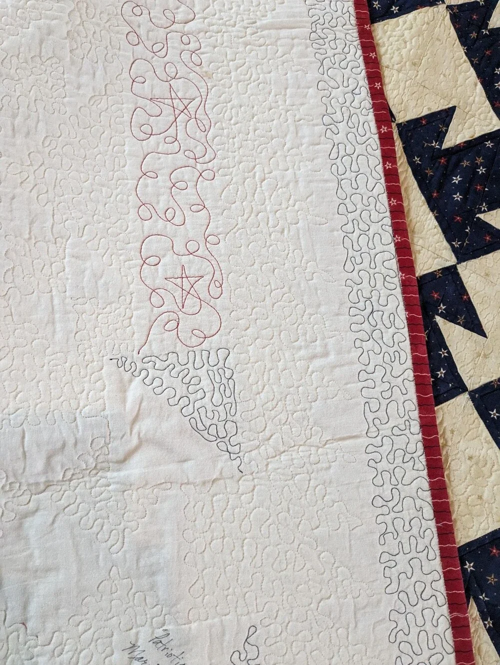 Patriotic Themed Quilt, Reds, Blues And Off-white Fabrics. Quilted And Signed
